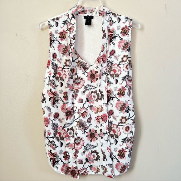 Talbots Chic V Neck With Tie White Multicolor Floral Sleeveless Top Blouse SZ M - Picture 1 of 9